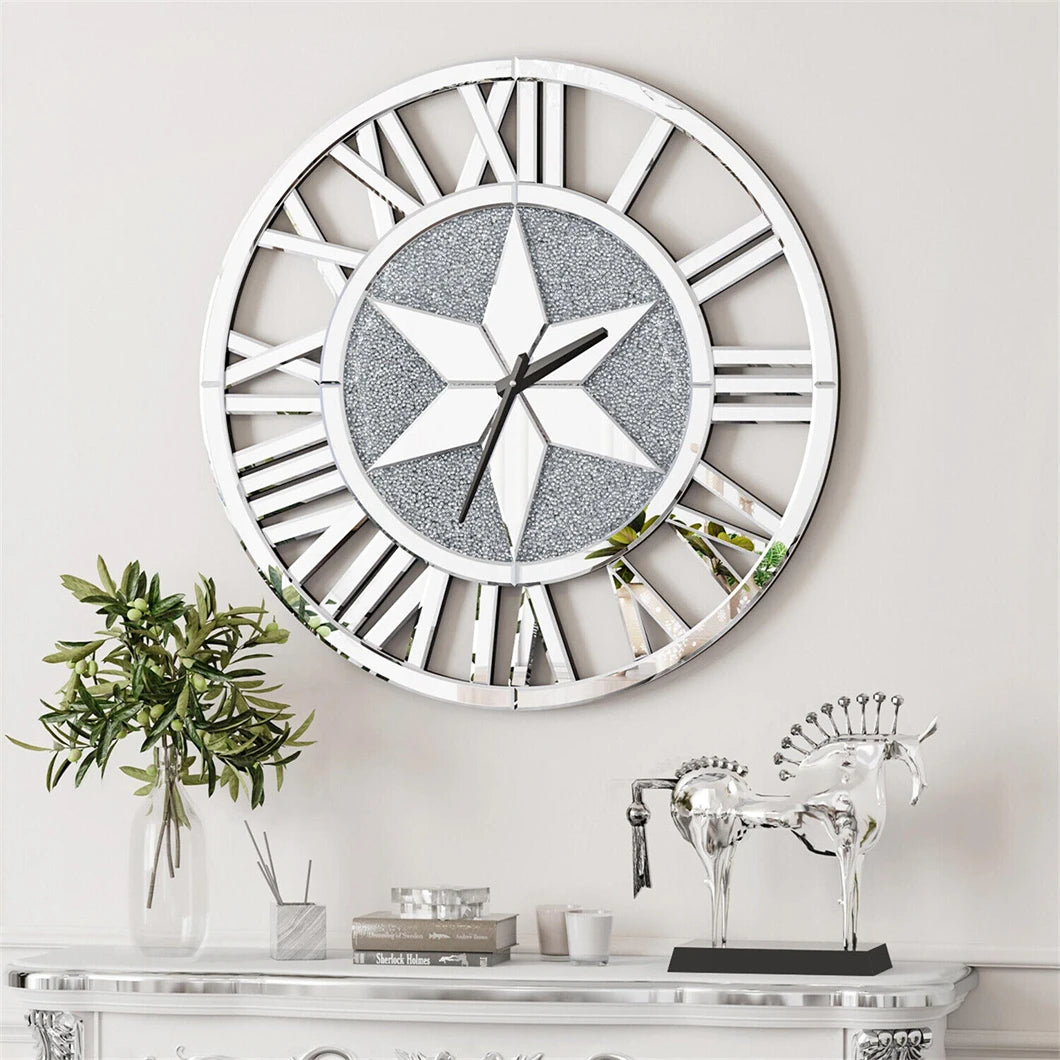 Large Mirrored Wall Clock 60cm Round Roman Numeral Skeleton