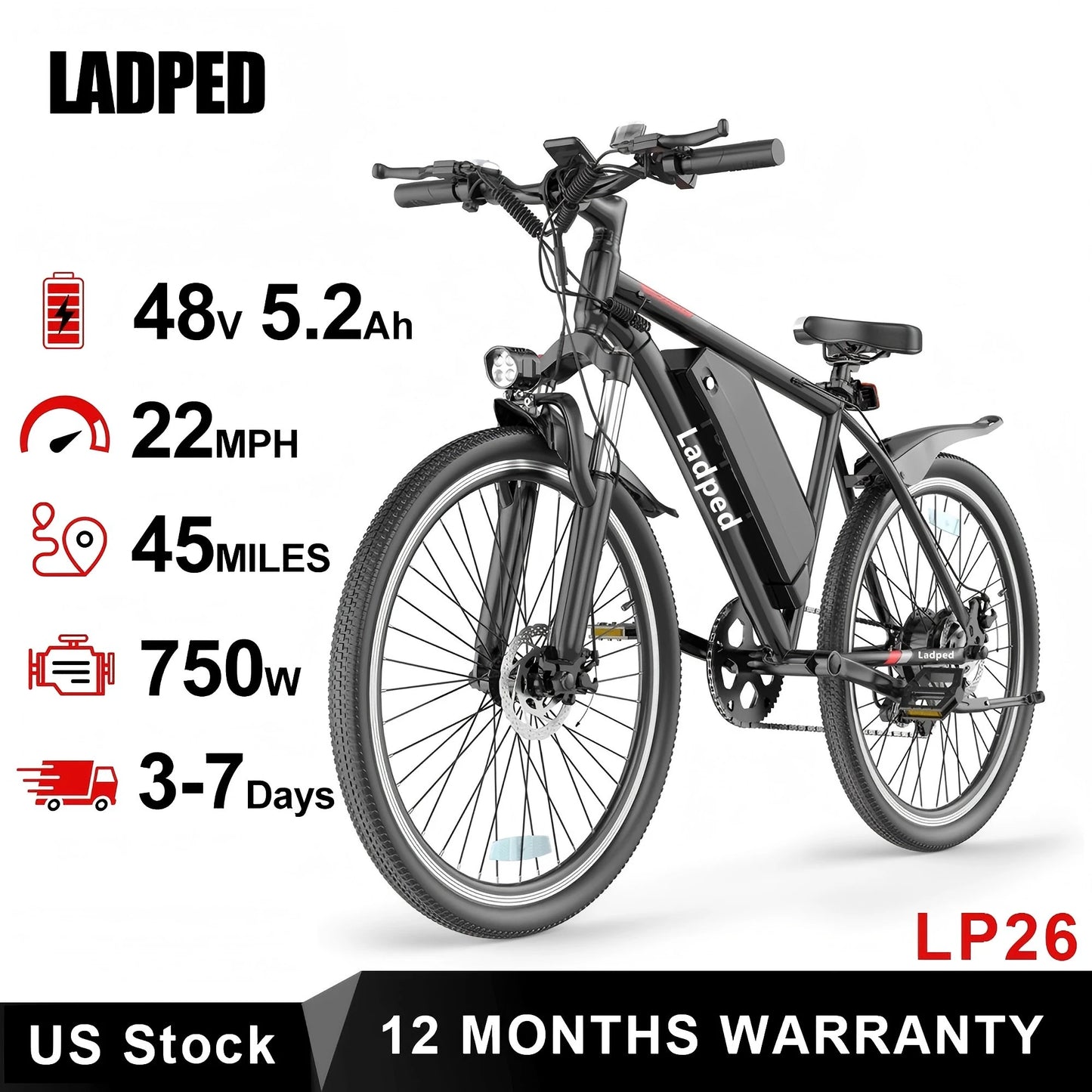 Ladped 26 Inch Electric Mountain Bike 750W 48V E Bike