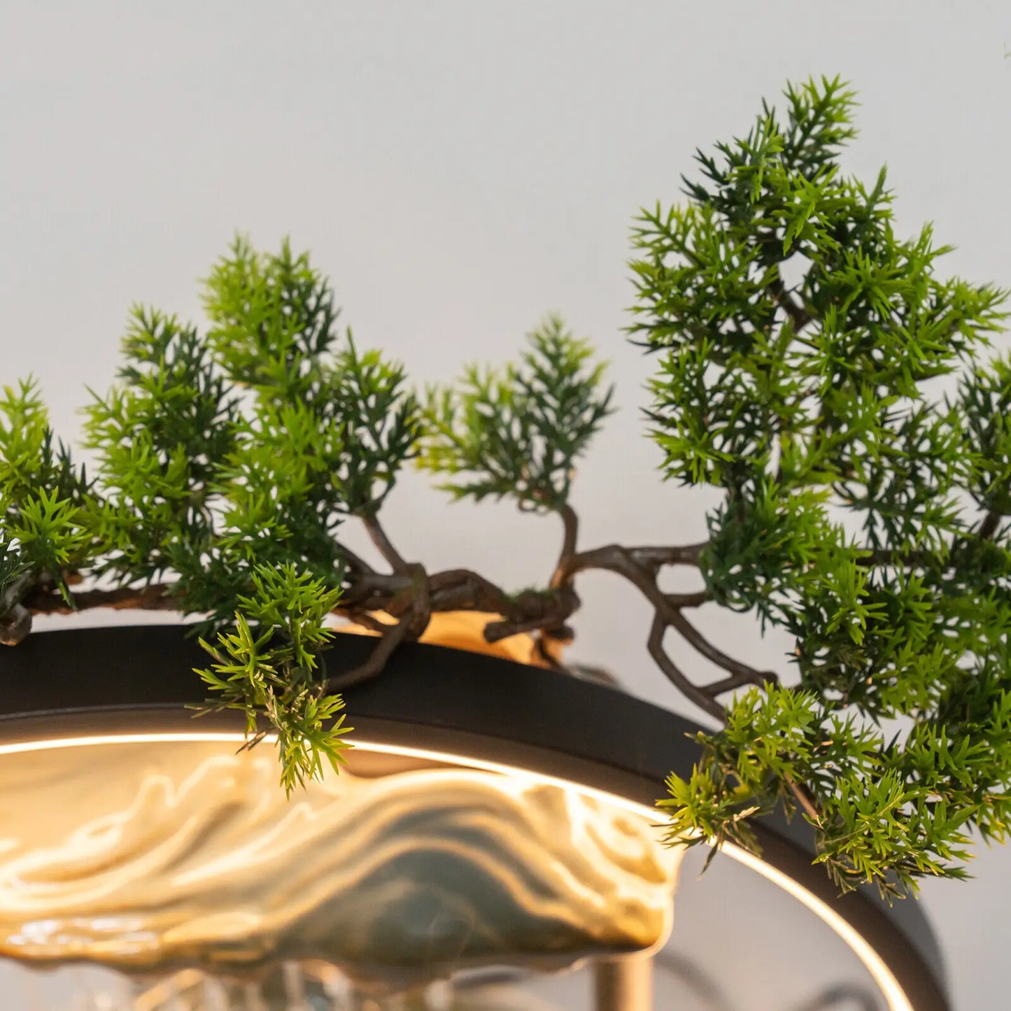 Tabletop Water Fountain Indoor Waterfall Decoration with Mist Rockery Horse Plants and LED for Meditation Feng Shui Decor
