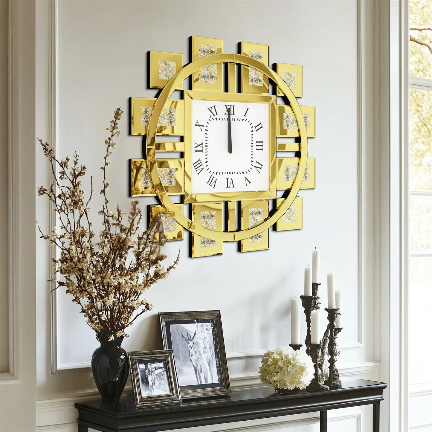 Wall Clock Round Beveled Mirror Edge Frame Golden Silver