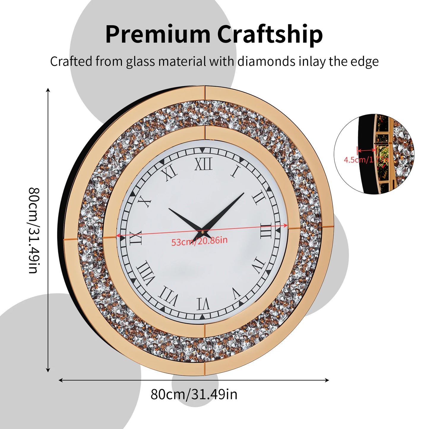 60 80CM Bling Silver Round Mirror Clock Glam Sparkle Twinkle Shining Mirrored Wall Clock for Home Decor