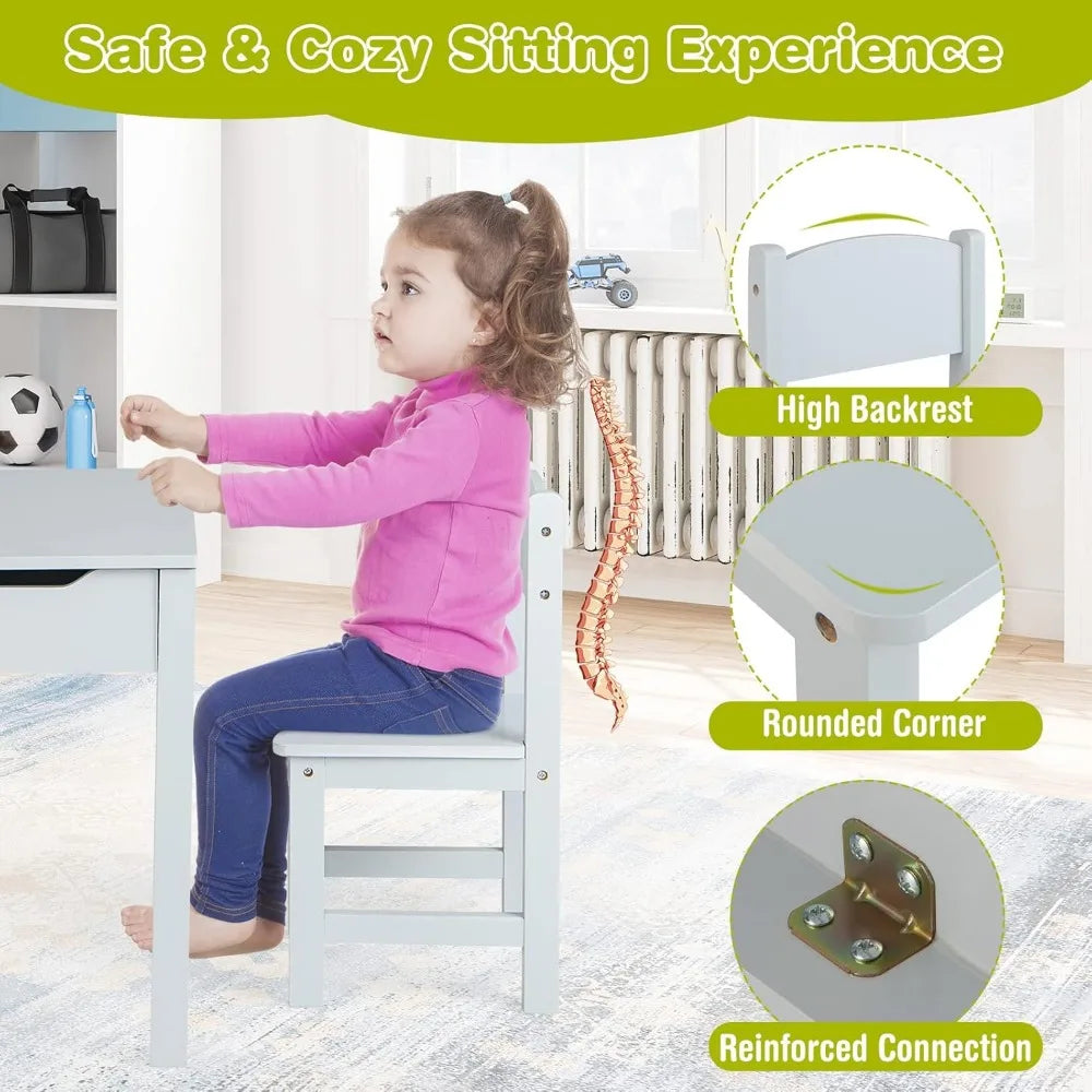 Kids Table and Chair Set, Wooden Lift-Top Desk & Chair with Storage, Paper Roll Holder & Pen Slot, Activity Table Set