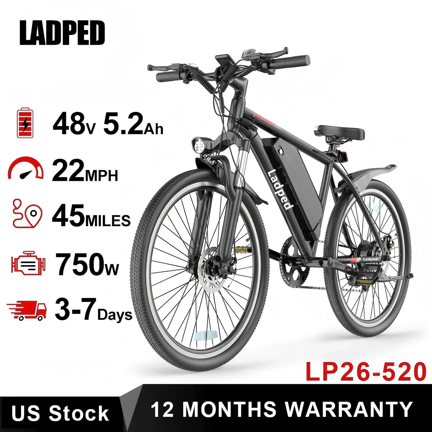 Ladped 26 Inch Electric Mountain Bike 750W 48V E Bike