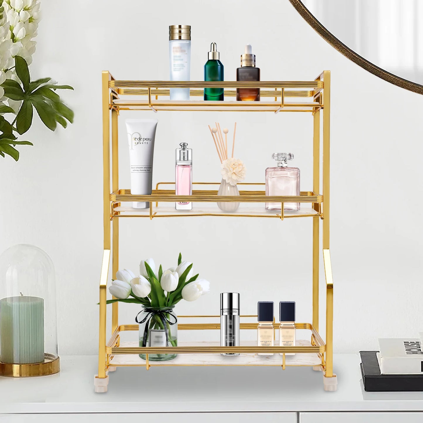 3 Tier Bathroom Countertop Organizer Gold Bathroom Vanity Organizer with Storage Basket for Skincare and Makeup