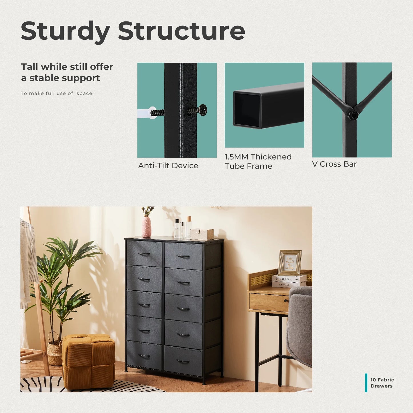 JHK Bedside Table With 10 Fabric Drawers Modern Nightstand Storage Cabinet Steel Frame Bedroom Furniture