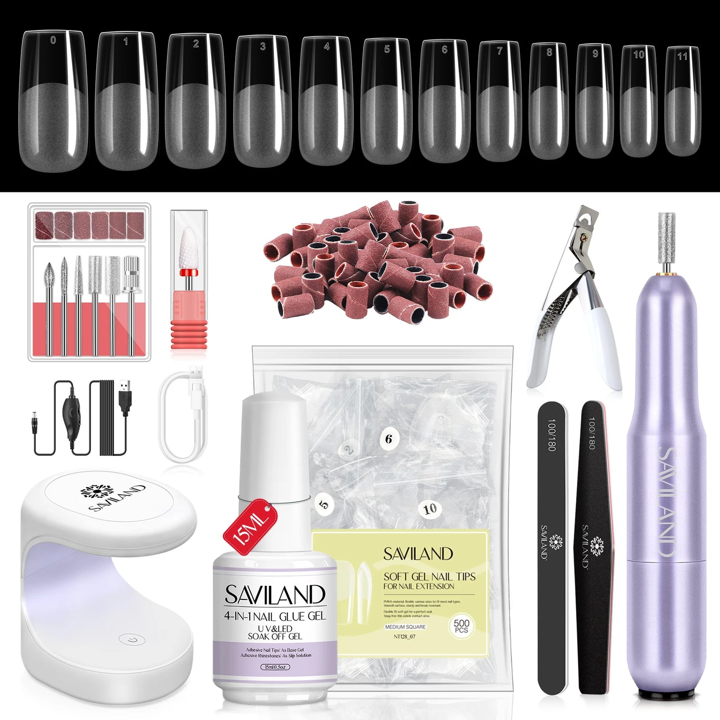 SAVILAND Gel X Nail Kit 500pcs Long Coffin Nail Tips