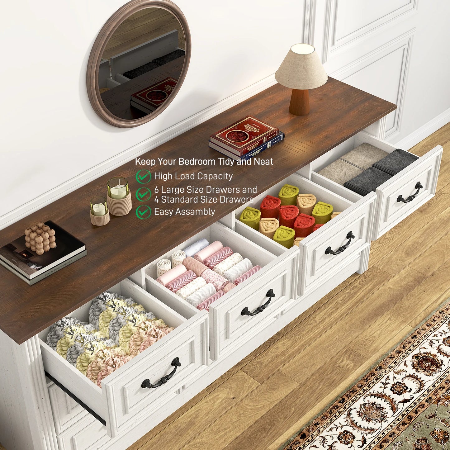 Farmhouse 10 Drawer Dresser For Bedroom With Rustic Handles