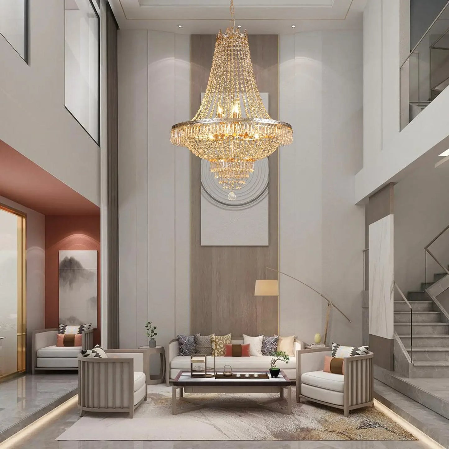 Modern Gold Crystal Chandelier 30in High 24in Dia Pendant