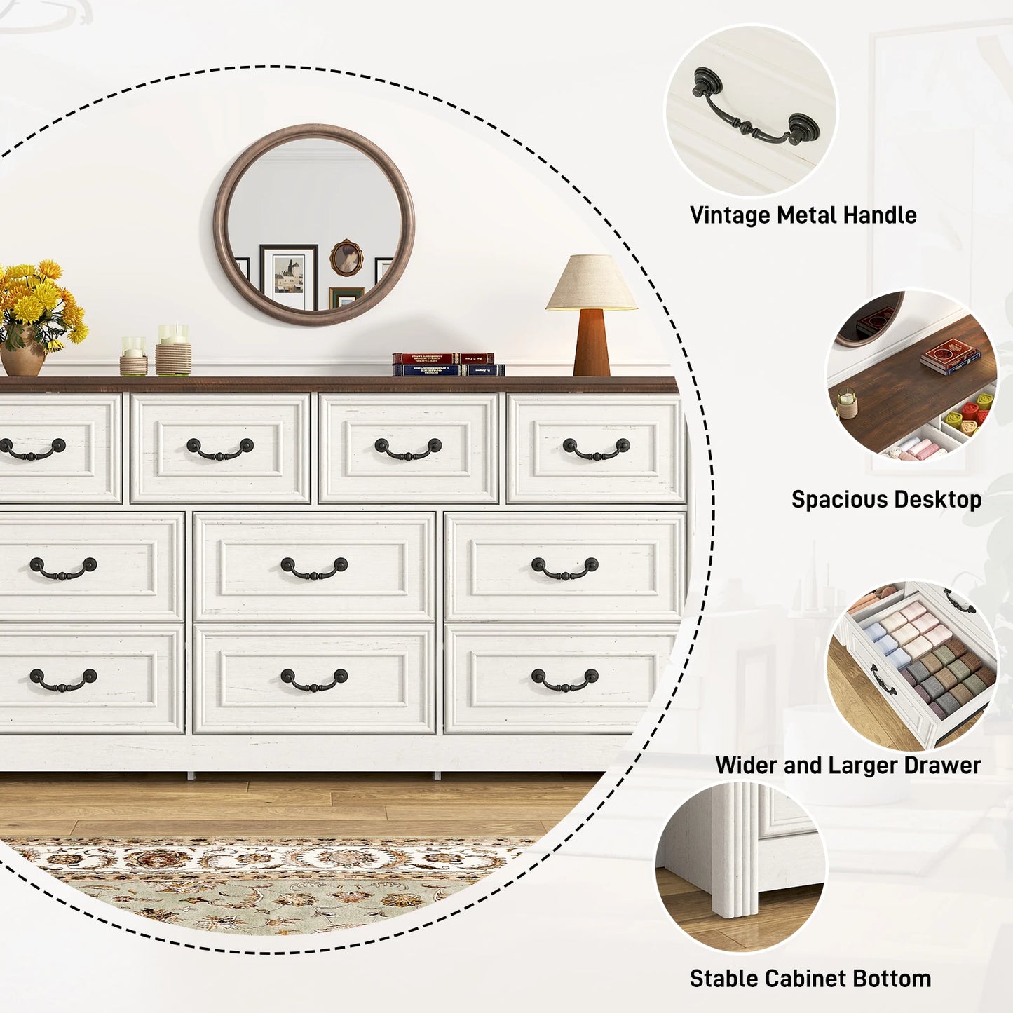 Farmhouse 10 Drawer Dresser For Bedroom With Rustic Handles