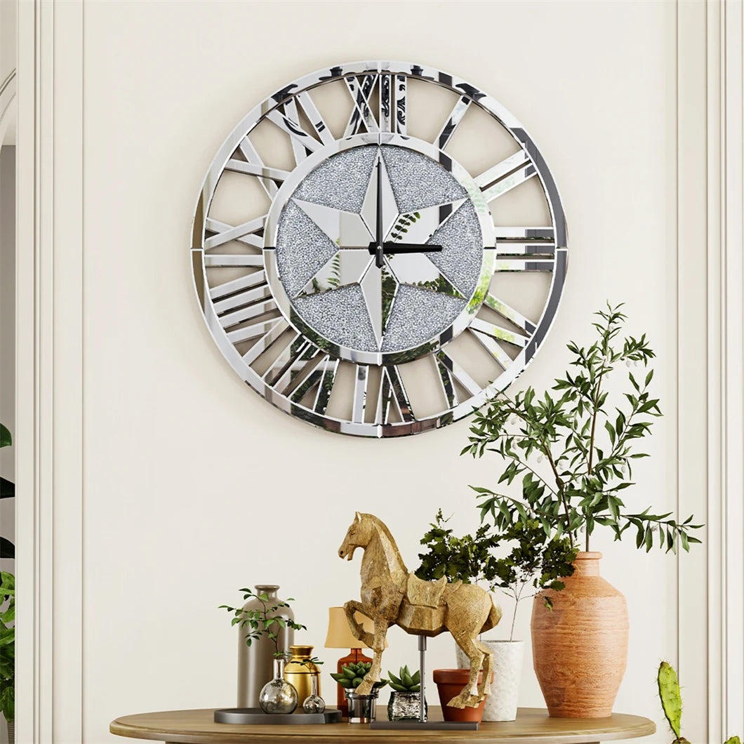 Large Mirrored Wall Clock 60cm Round Roman Numeral Skeleton