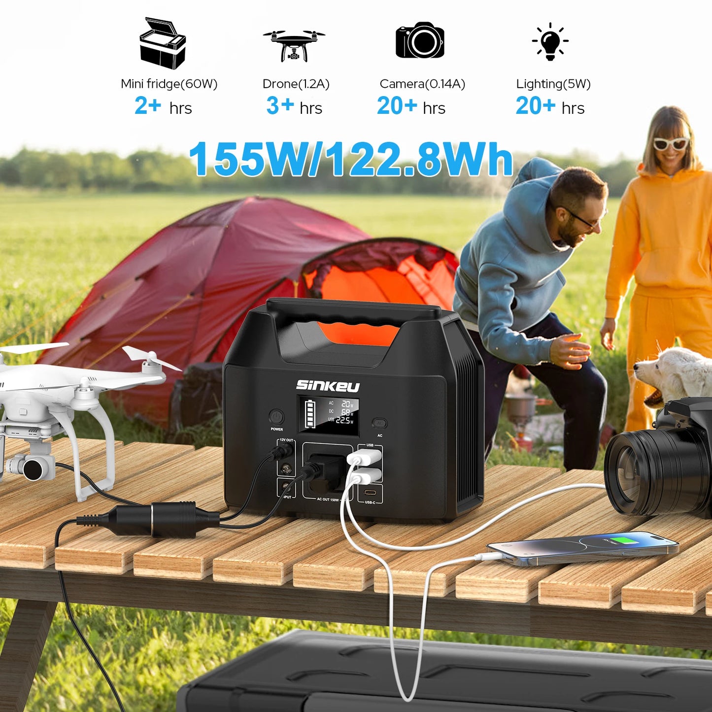 150W Portable Power Station with 122.8Wh LiFePO4 Battery Solar Generator Power Bank AC 110V and LED Flashlight for Camping Home and RV