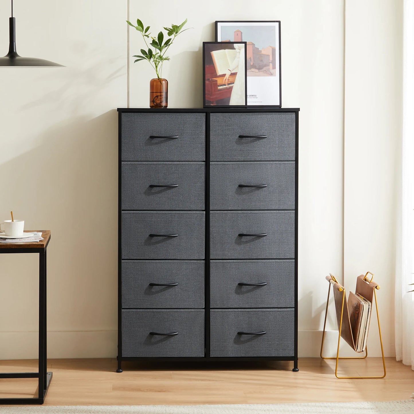 JHK Bedside Table With 10 Fabric Drawers Modern Nightstand Storage Cabinet Steel Frame Bedroom Furniture