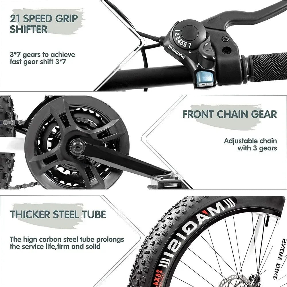 Mountain Bike with 26 Inch Fat Tire 21 Speed High Carbon Steel Frame
