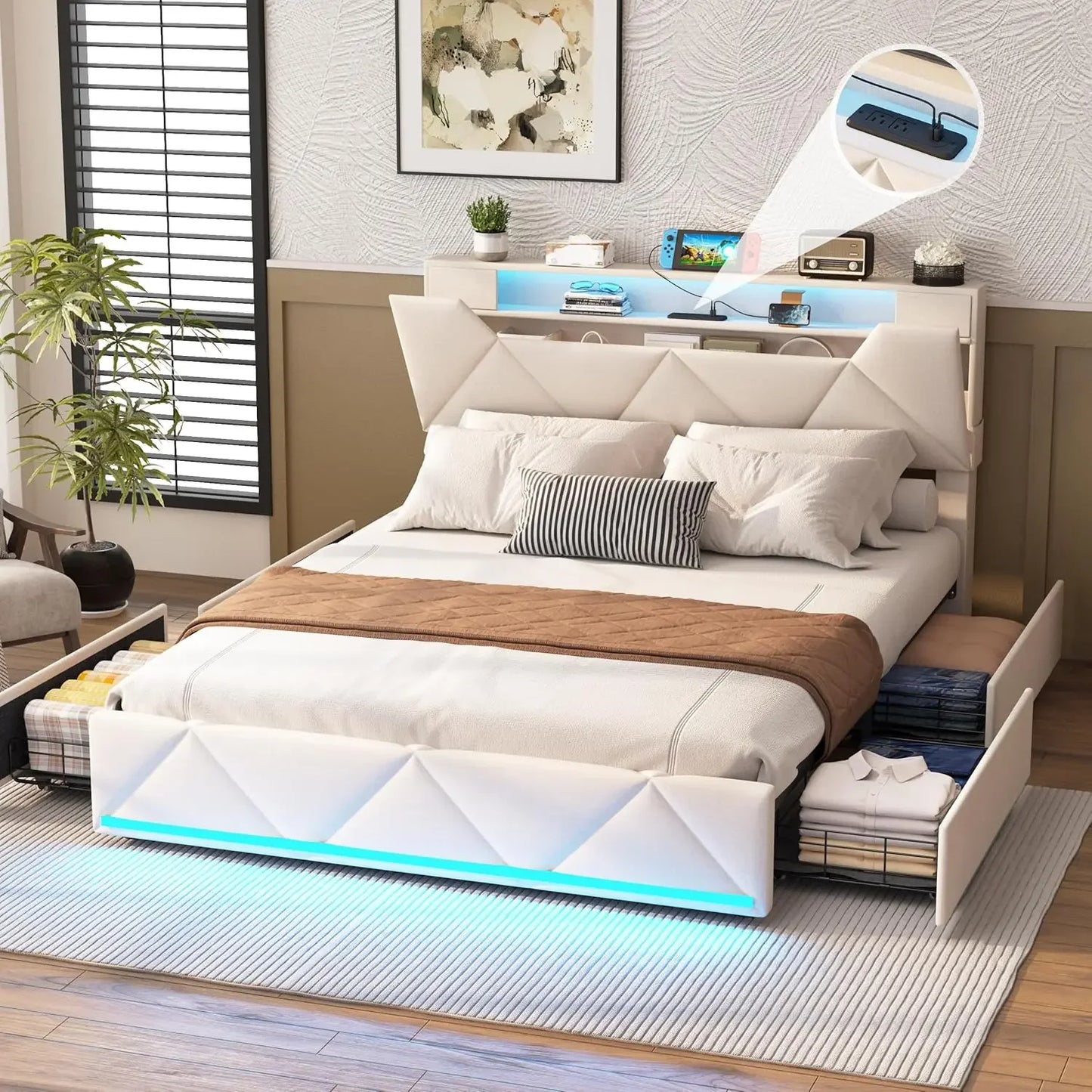 Vabches Queen Bed Frame Storage Drawers Led Lights