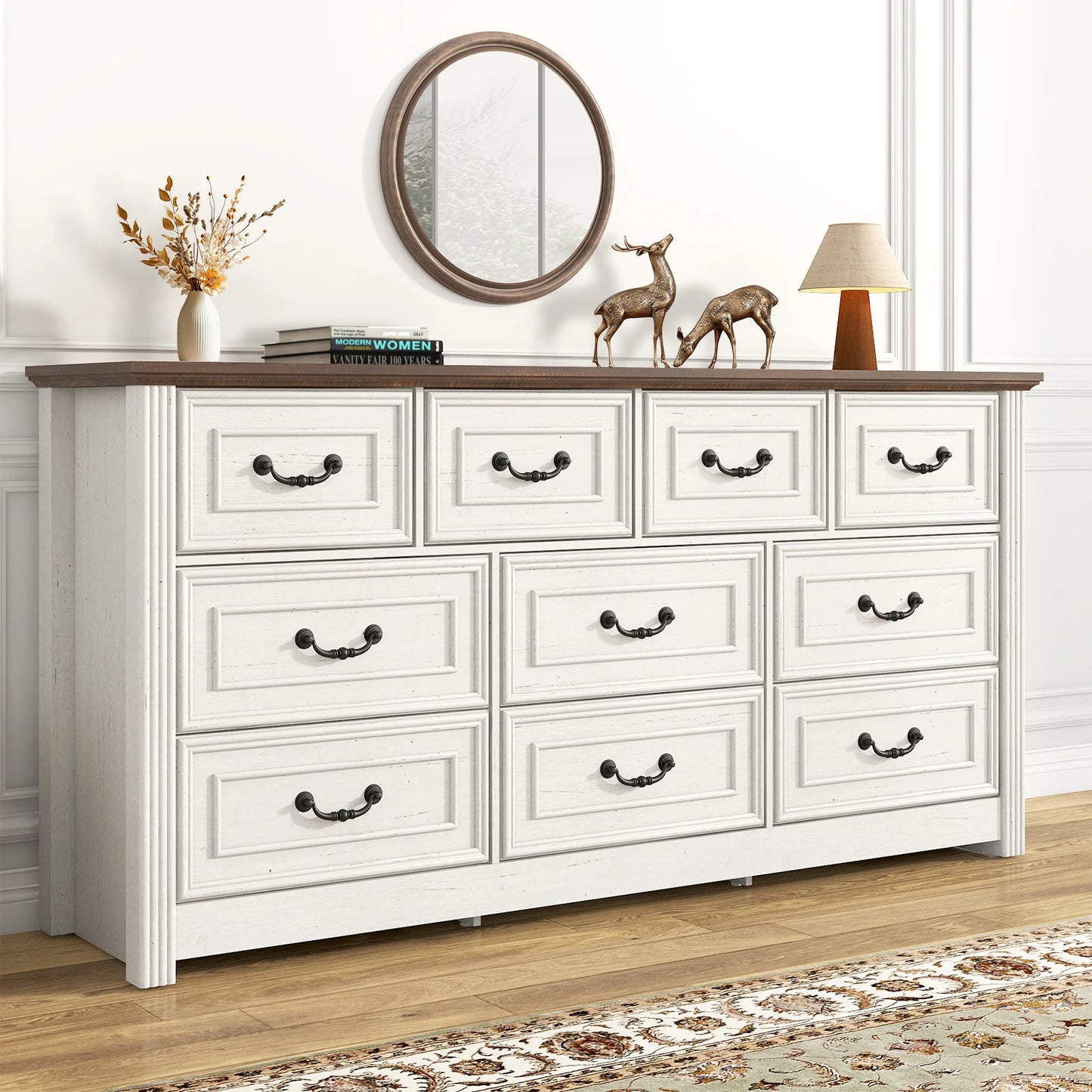 Farmhouse 10 Drawer Dresser For Bedroom With Rustic Handles