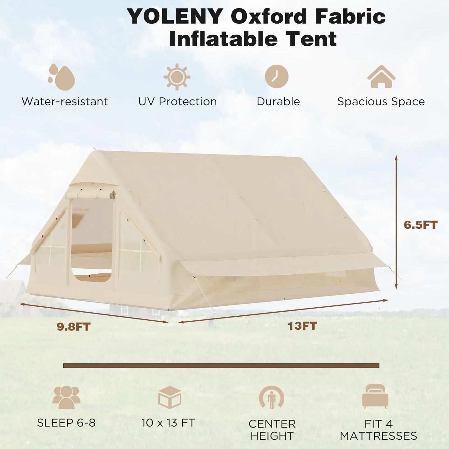 129 Square Feet Inflatable Camping Tent for 8 to 10 People