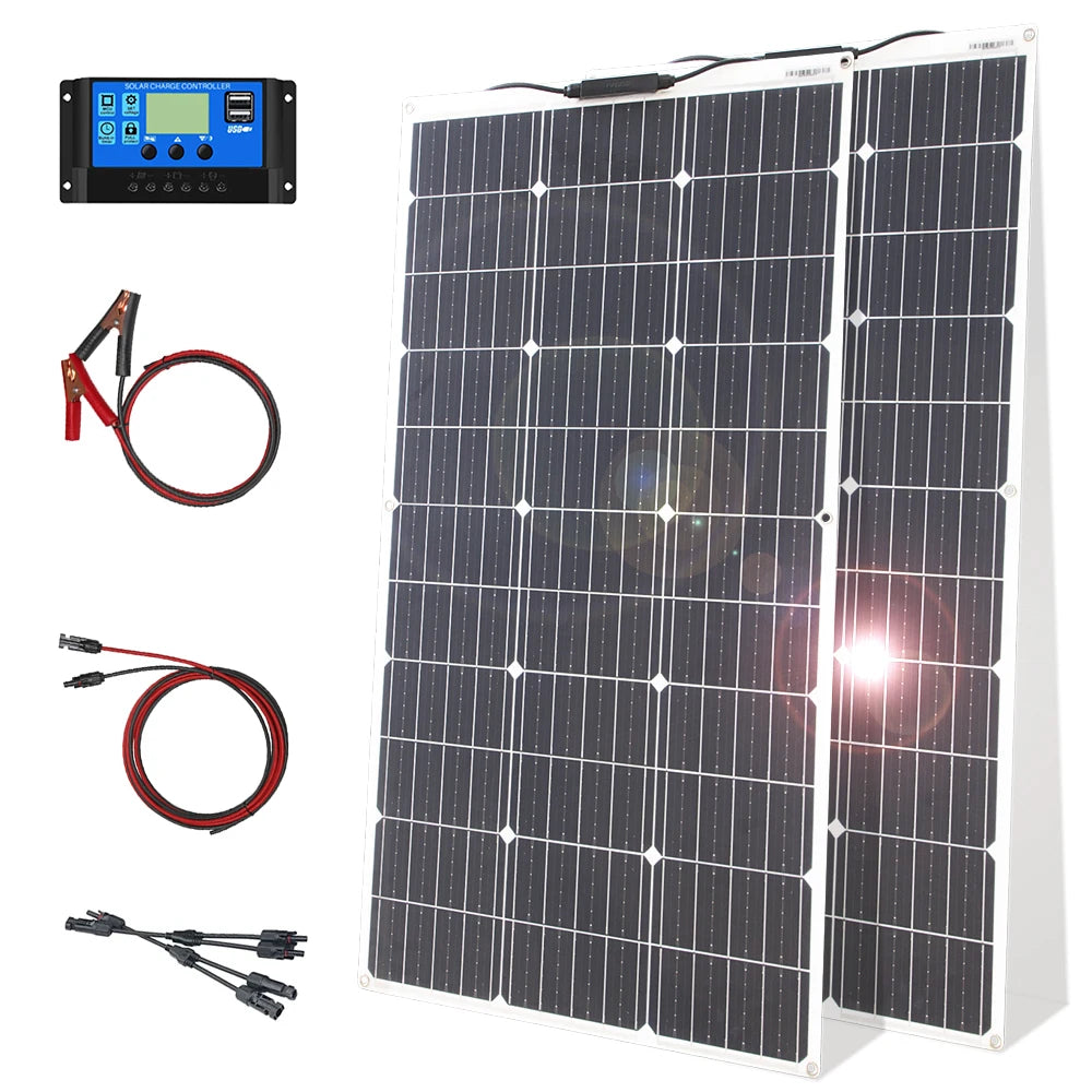 12V Flexible Solar Panel Kit 100W 200W Monocrystalline Waterproof Solar Charger with Controller for RV Camping Outdoor