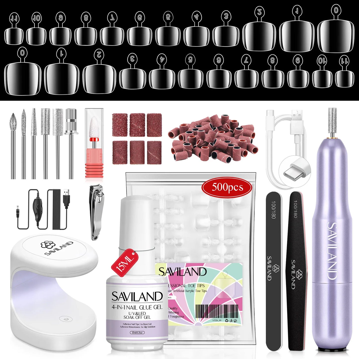 SAVILAND Gel X Nail Kit 500pcs Long Coffin Nail Tips