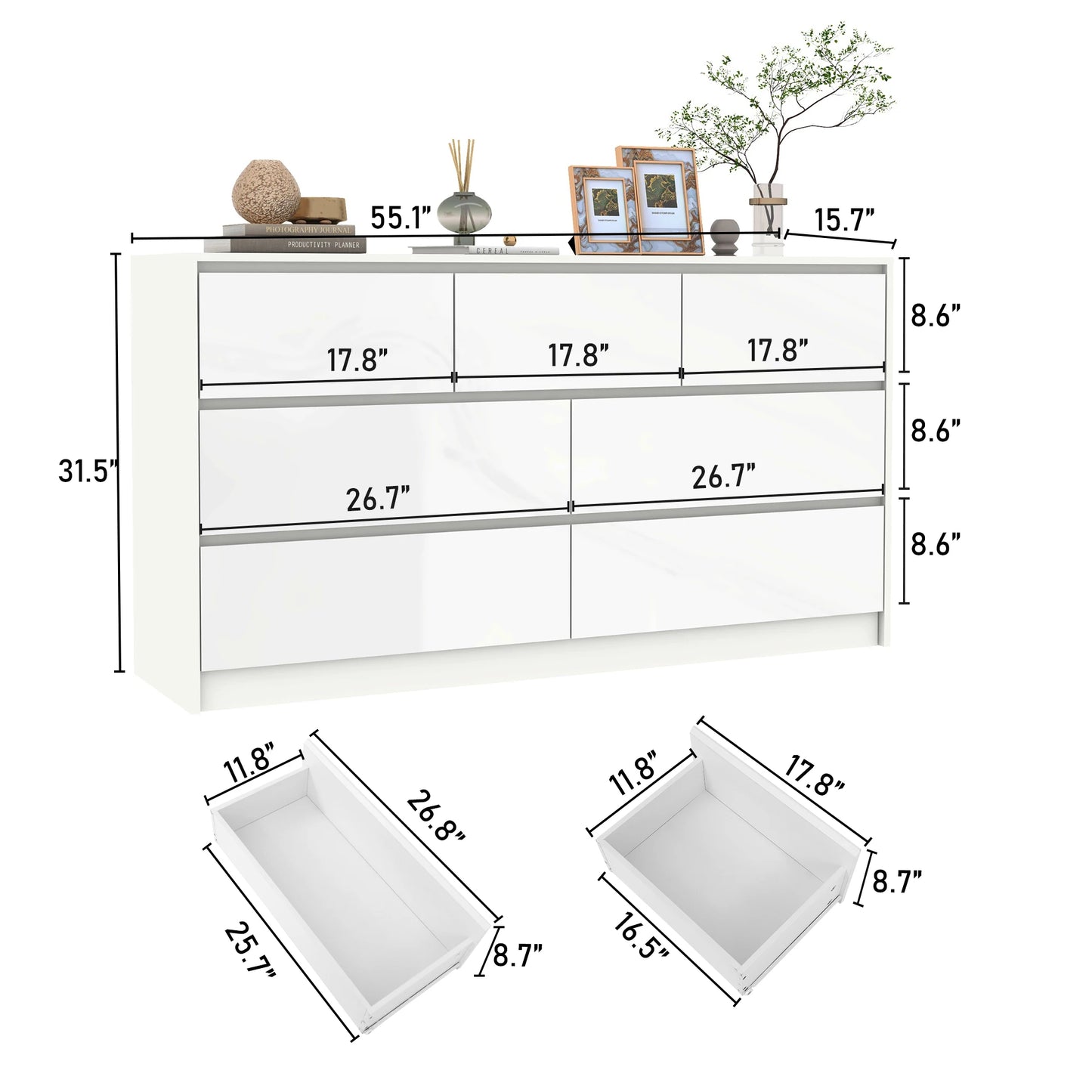 7 Drawer Dresser for Bedroom, 55 Inch Modern Chest