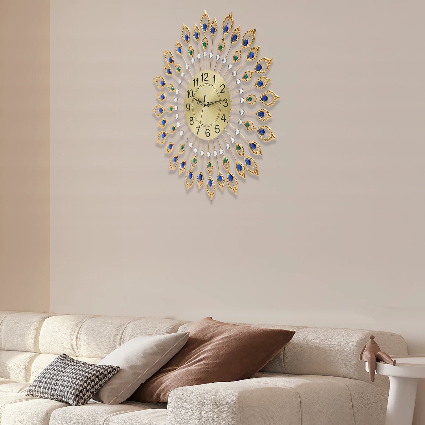Decorative Wall Clock with Peacock Feather Design Quartz Movement Silent Ideal for Home and Office