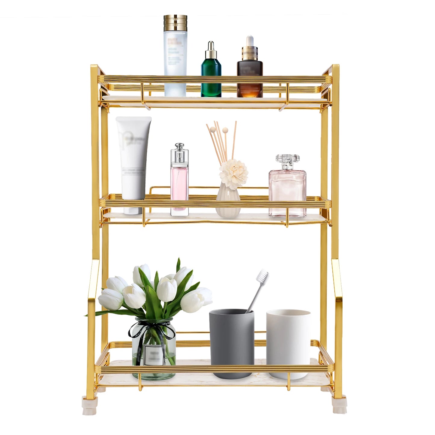 3 Tier Bathroom Countertop Organizer Gold Bathroom Vanity Organizer with Storage Basket for Skincare and Makeup