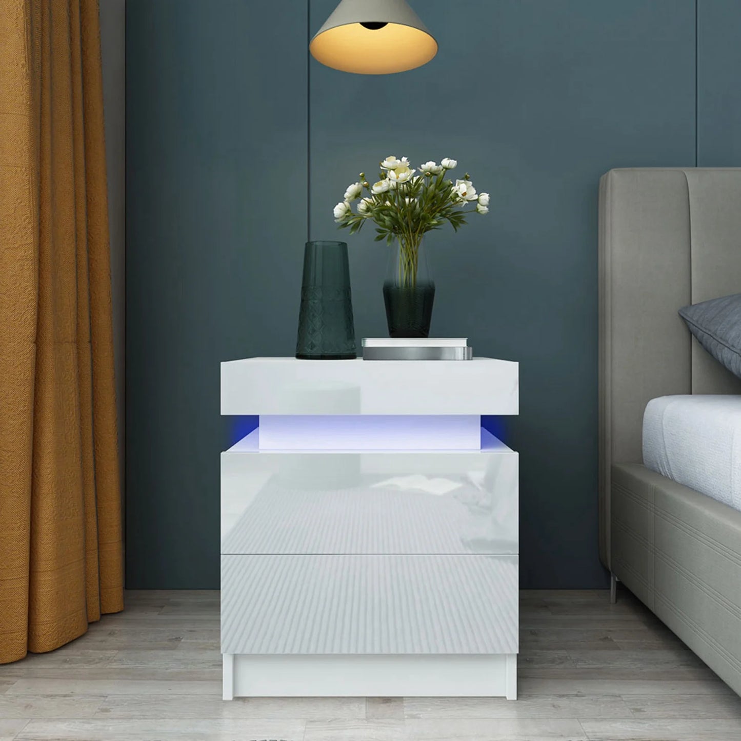 Bedside Desk Bedroom LED Nightstand Cabinet with 2 Drawers