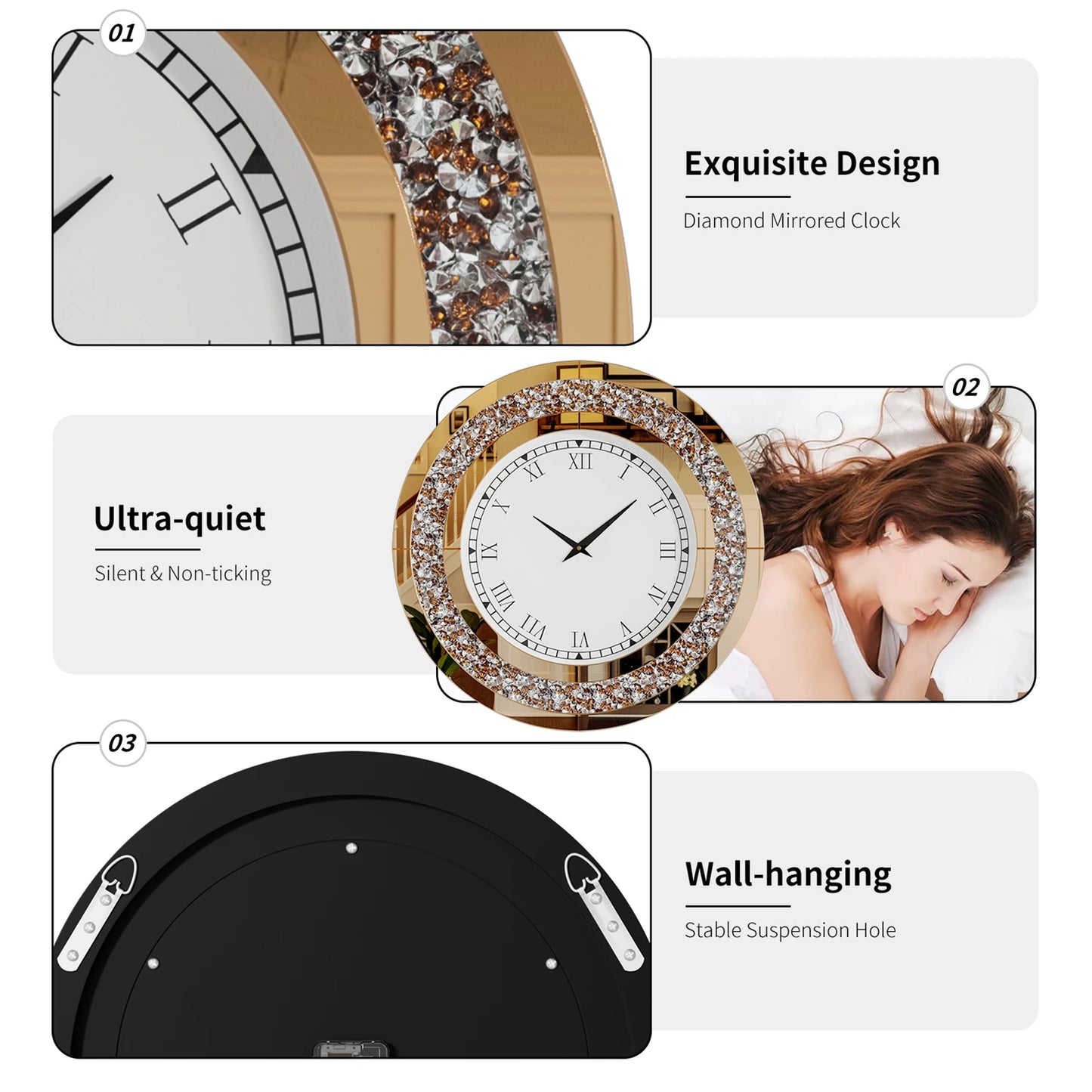 60 80CM Bling Silver Round Mirror Clock Glam Sparkle Twinkle Shining Mirrored Wall Clock for Home Decor