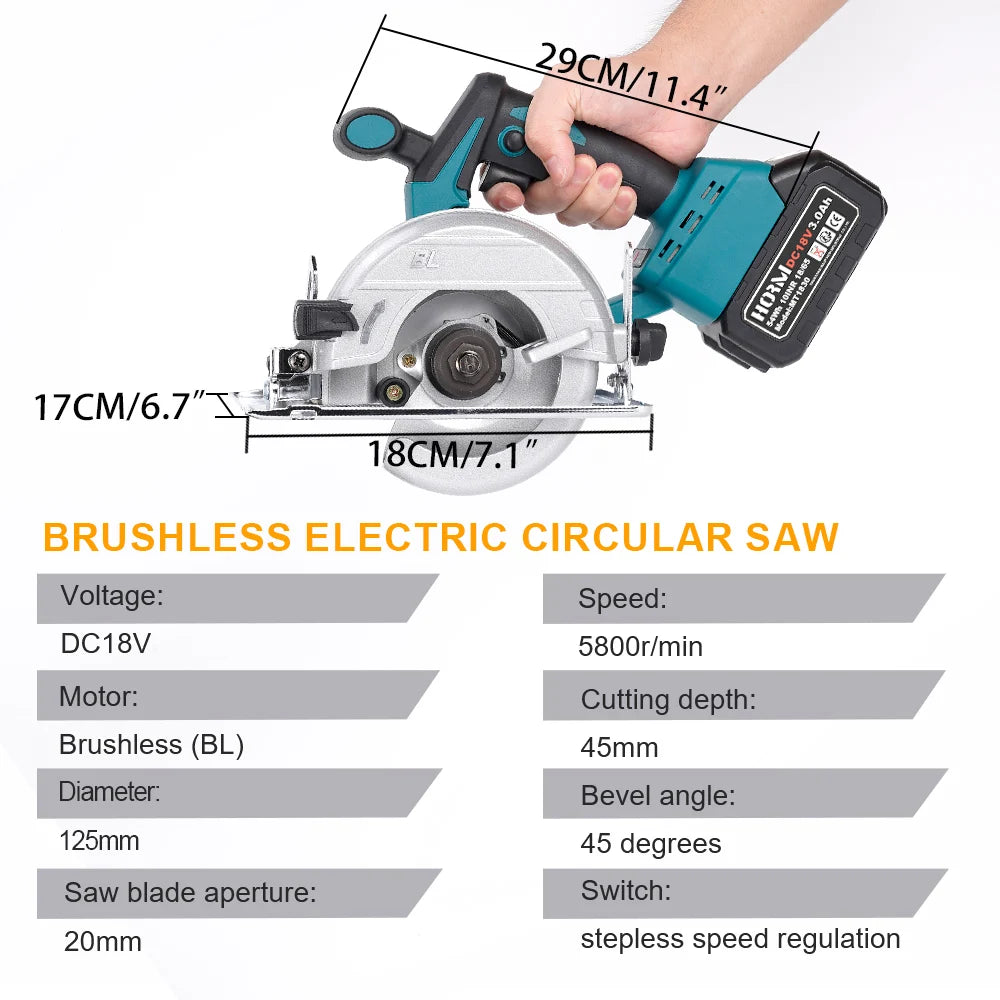 125mm Brushless Mini Circular Saw Cordless 0 to 45 Degree