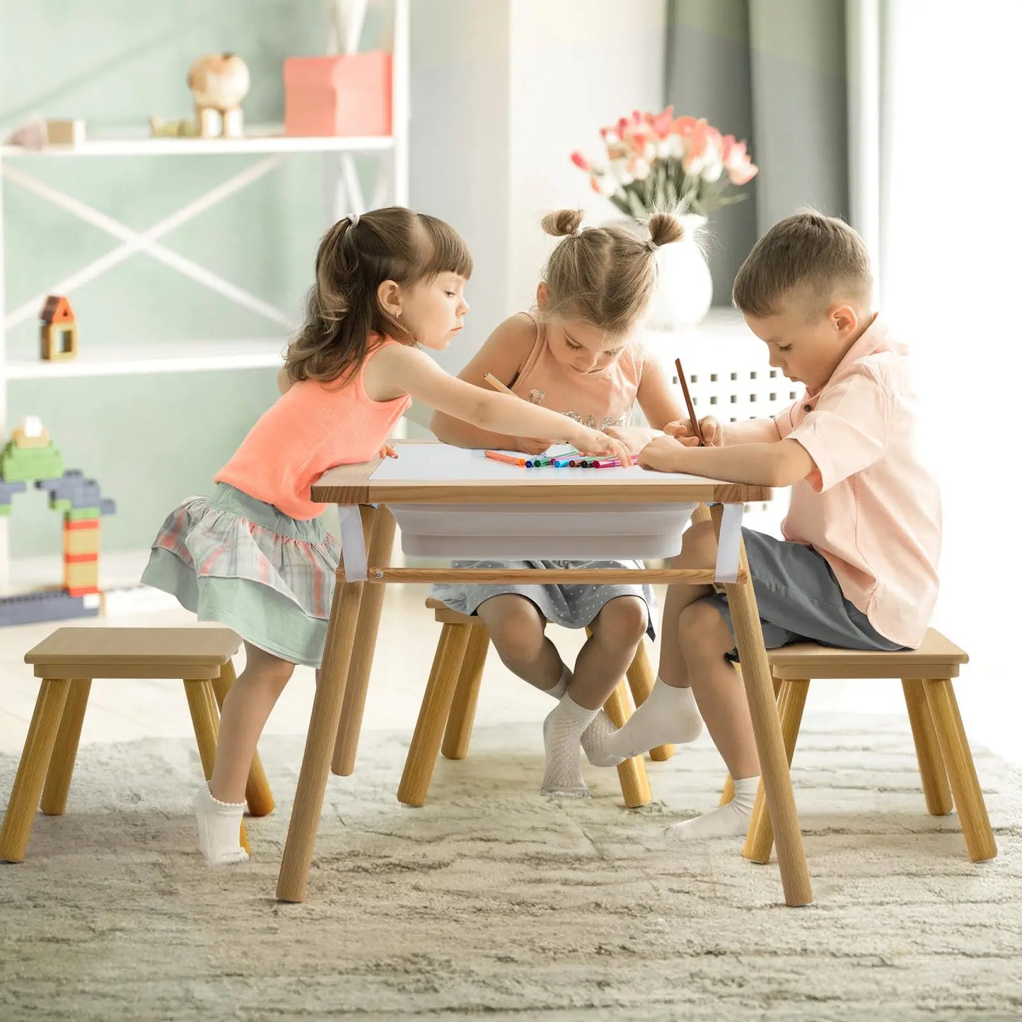 Multifunctional Kids Sensory Table with Stool & Storage Bins - Ideal for play , Study, Arts & Crafts - Wooden Activity Center