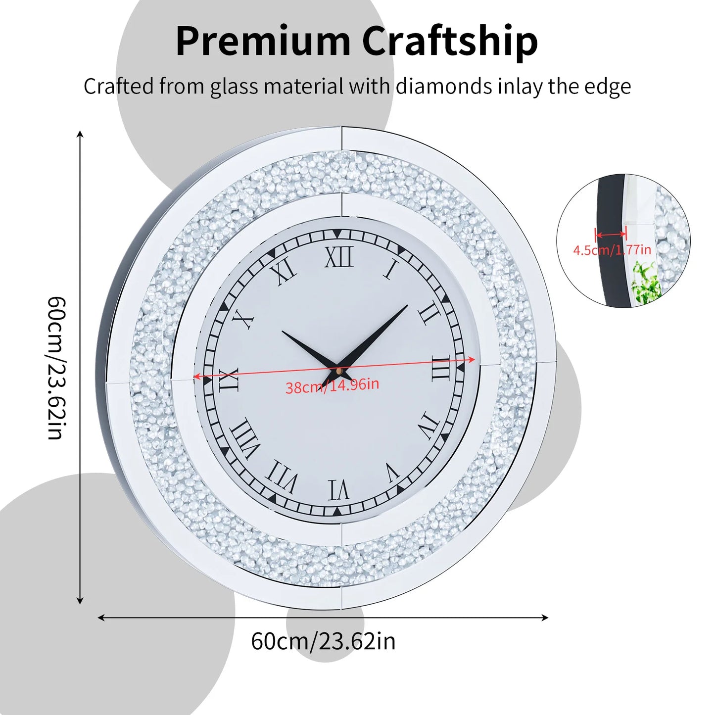 60 80CM Bling Silver Round Mirror Clock Glam Sparkle Twinkle Shining Mirrored Wall Clock for Home Decor