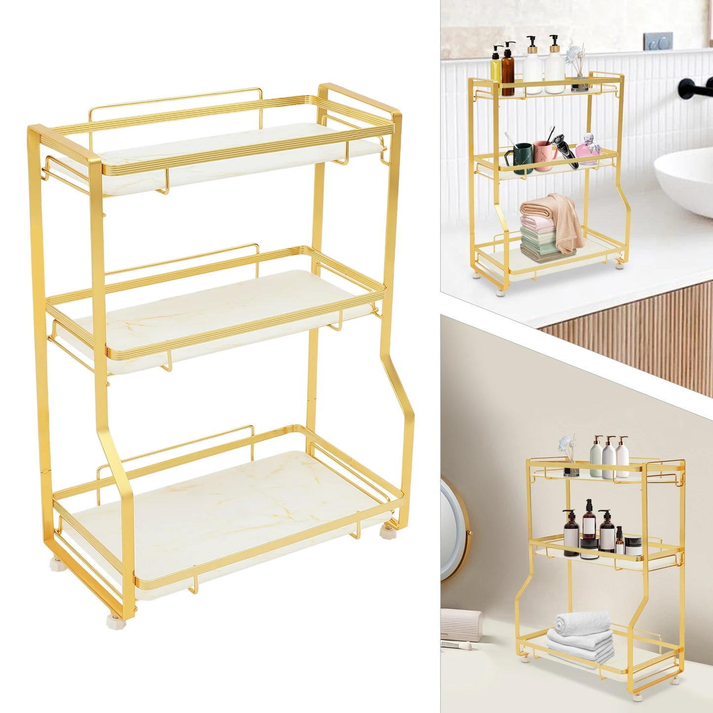 3 Tier Bathroom Countertop Organizer Gold Bathroom Vanity Organizer with Storage Basket for Skincare and Makeup