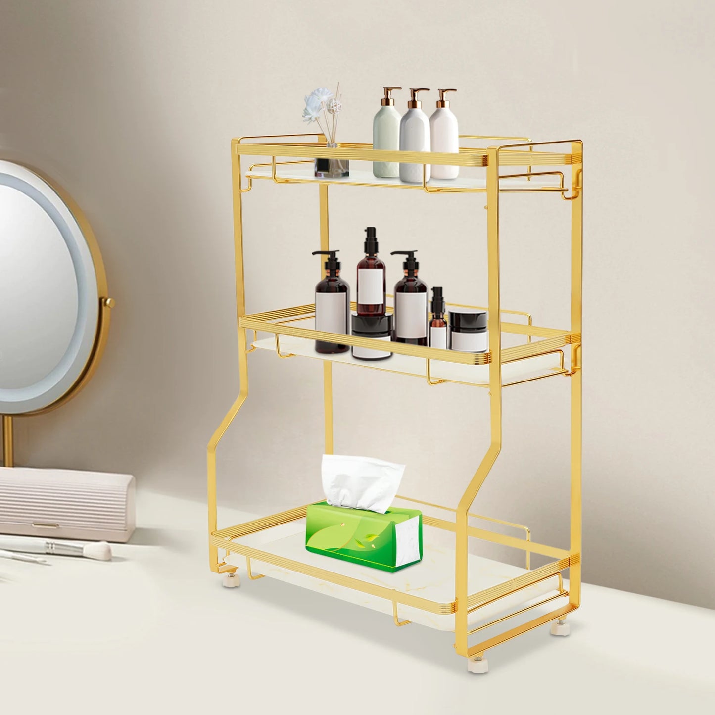 3 Tier Bathroom Countertop Organizer Gold Bathroom Vanity Organizer with Storage Basket for Skincare and Makeup