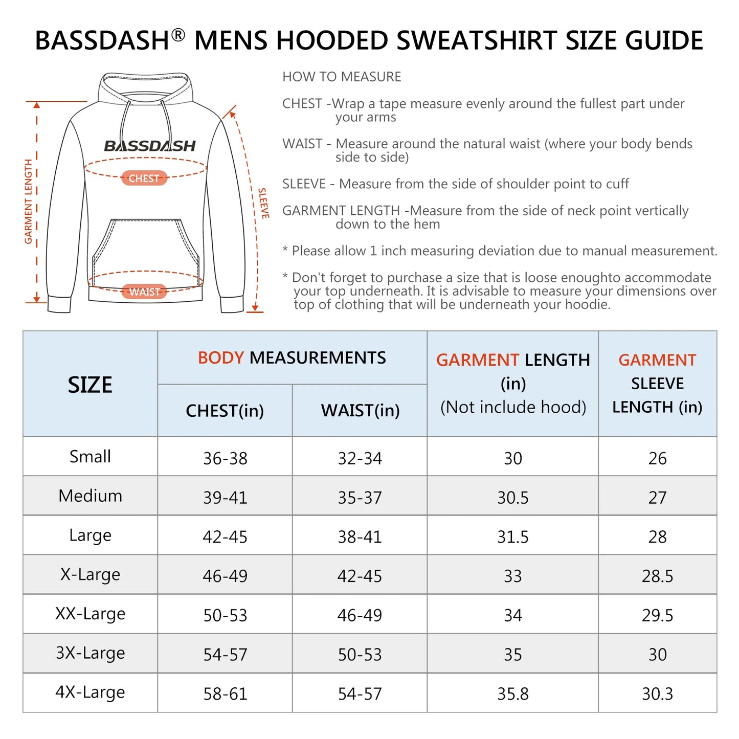 BASSDASH Mens Cotton Hoodie Long Sleeve Pullover Sweatshirt