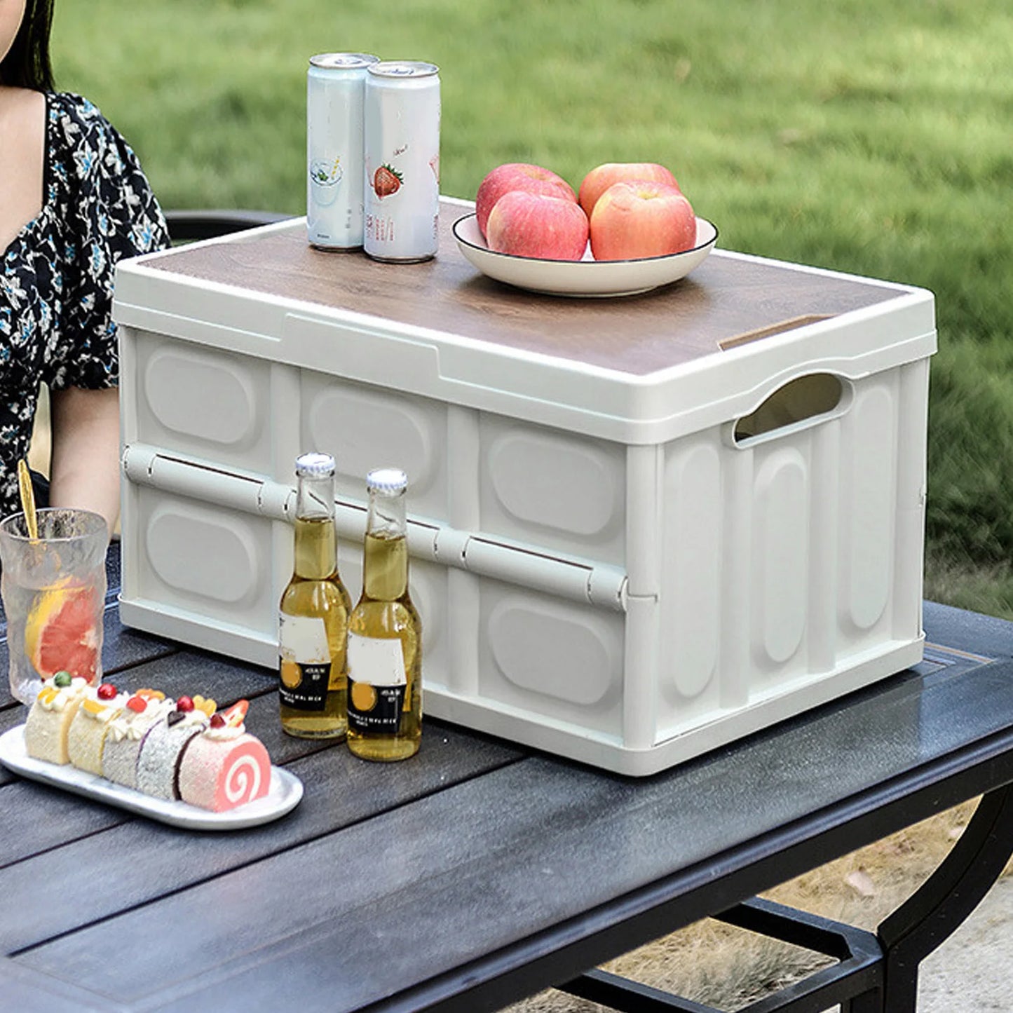 30L Outdoor Camping Picnic Folding Storage Box Multifunctional Thick Removable Storage Box with Wooden Panel