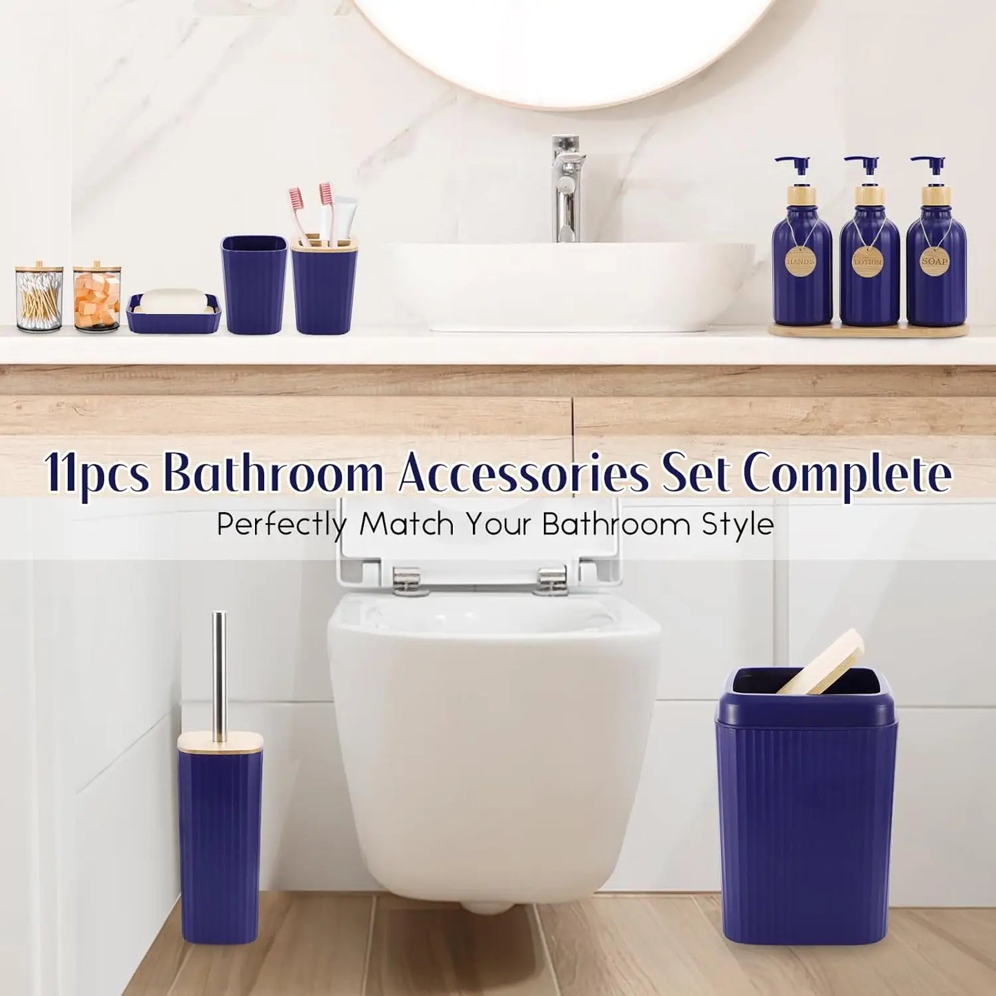 Navy Blue Bathroom Accessories Set 17PCS With Trash Can