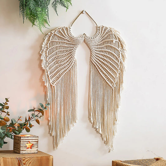 Angel Wing Hanging Tapestry Cotton Angel Wings Tapestry with Long Tassels Woven Macrame Tapestry Wall Hanging Decor Rustic Art