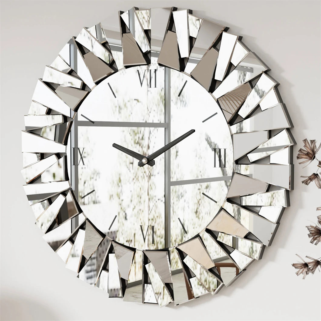 Wall Clock 3D Mirrored Sunburst 32Inch Roman Numeral Round