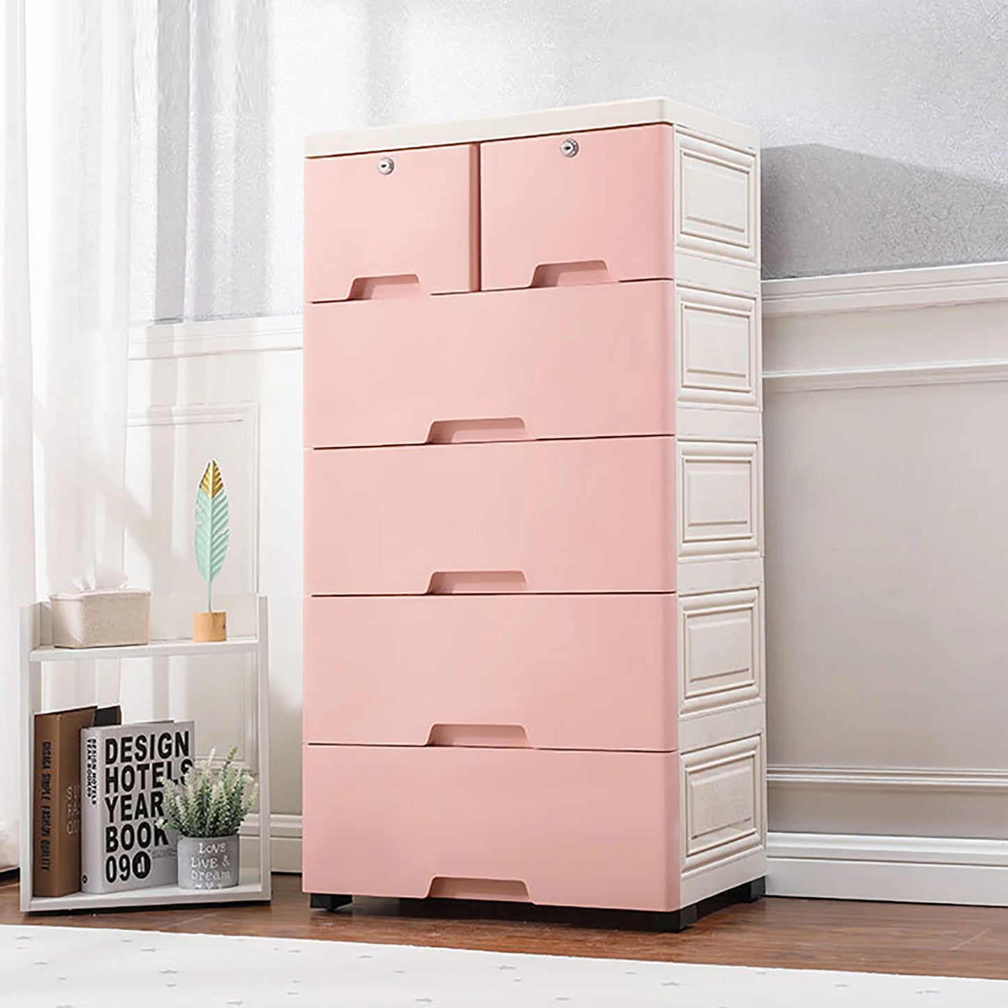Plastic Clothing Storage Cabinet With 6 Drawers And 4 Wheels