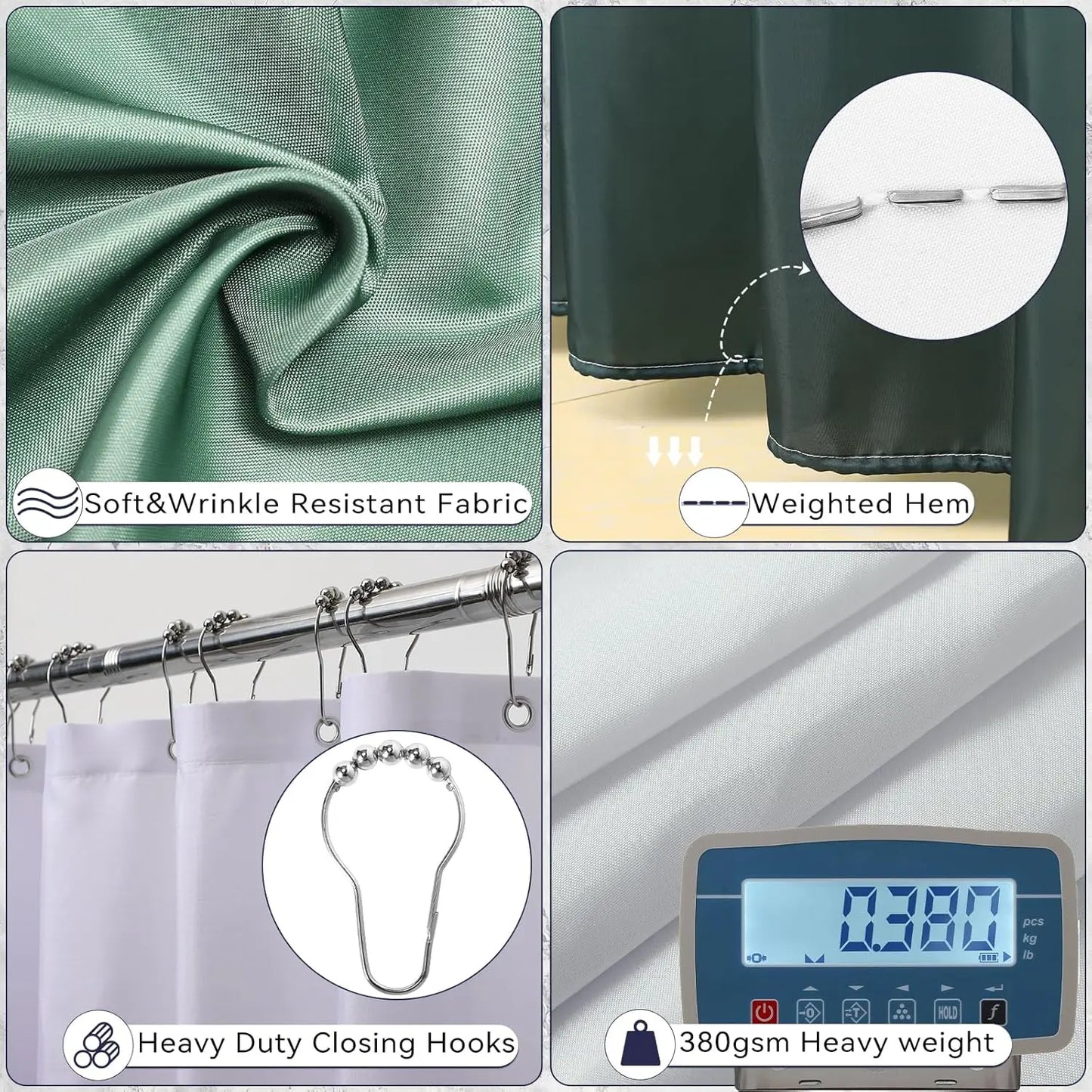 Dark Green Bathroom Accessories Set with Shower Curtain and No-Slip Bath Rugs