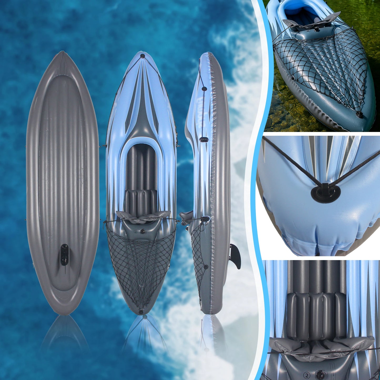 Inflatable One Person Kayak Canoe Blue Paddles Pump Bag