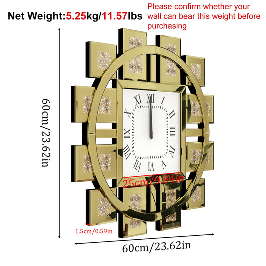 Wall Clock Round Beveled Mirror Edge Frame Golden Silver
