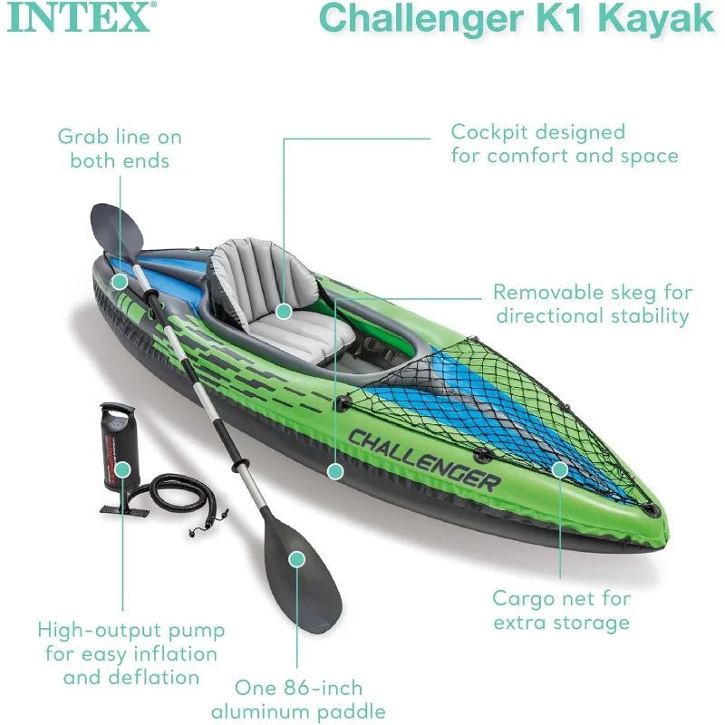 Intex Challenger Inflatable Kayak Series with Deluxe 86 Inch Kayak Paddles and High Output Pump Super Strong PVC