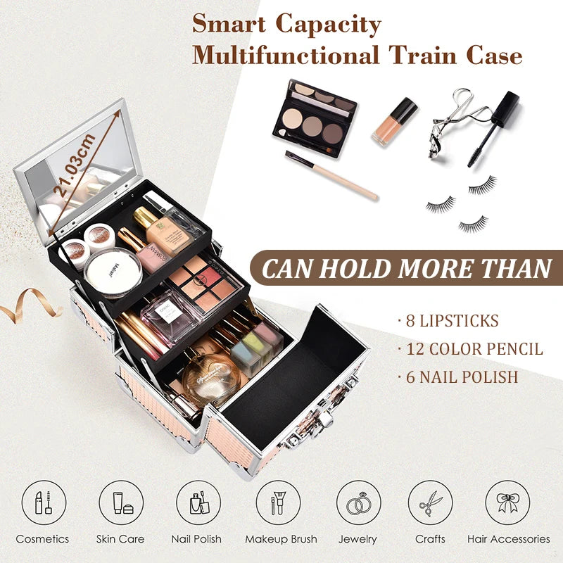 Makeup Case Portable Lock Alloy Unicorn Cosmetic Jewelry Storage Box with Mirror 2 Trays Make-up Suitcase