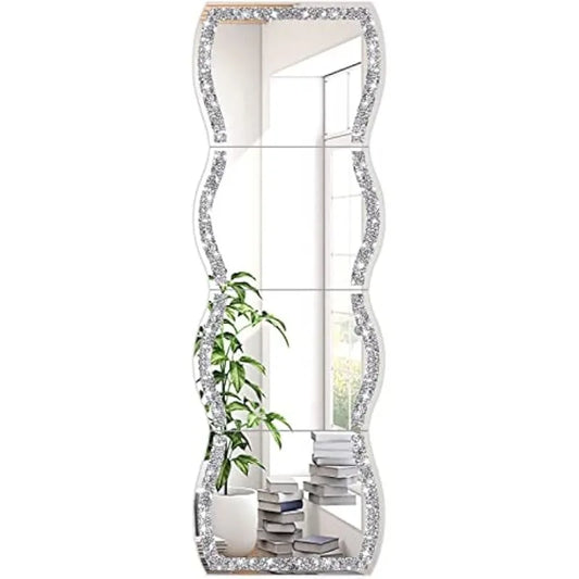 Full Length Wall Mirror,Wave Pattern Irregular Crushed Diamond Body Mirror,Set of 4pcs Mirror Tiles,11x15 inch.Dressing Mirror