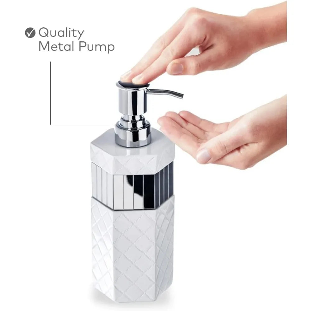 White Bathroom Accessories Set - Trash Can, Tissue Box, Soap Dispenser, Toothbrush Holder, Tumbler & Soap Dish