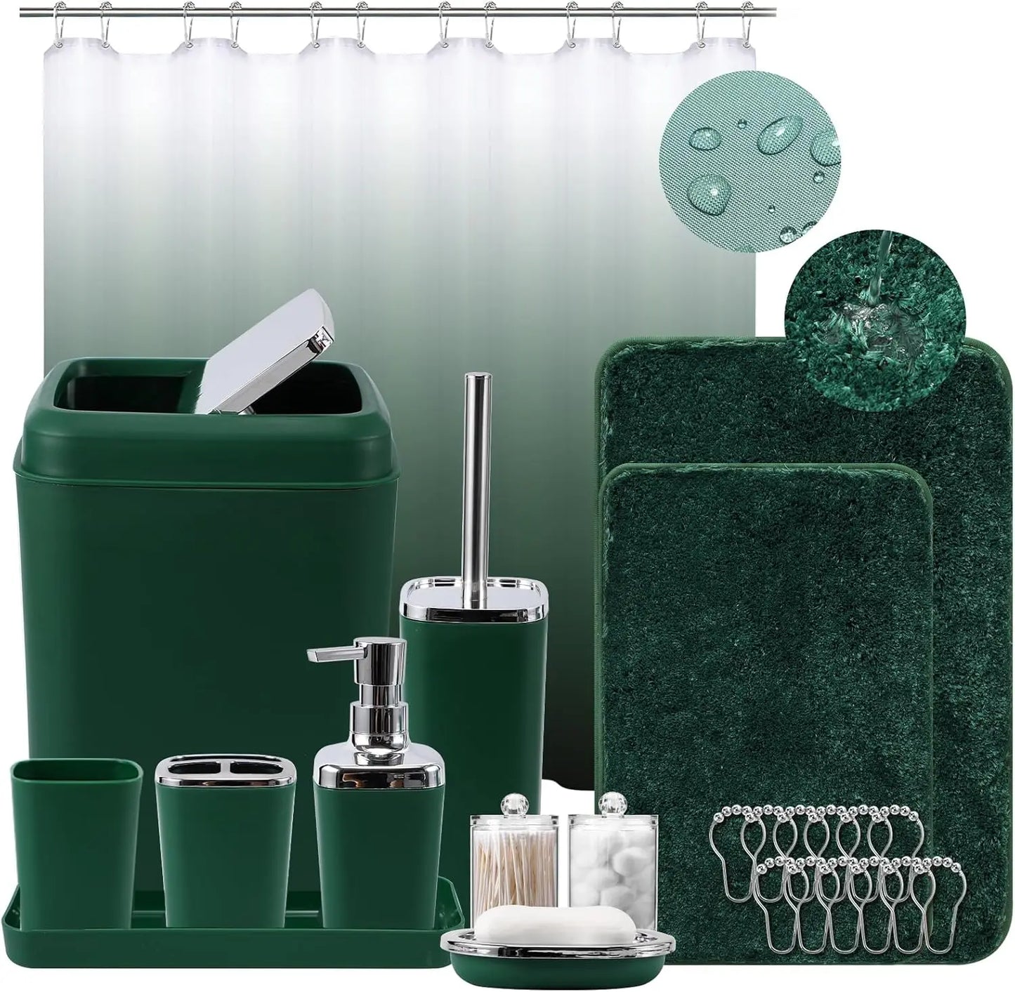 Dark Green Bathroom Accessories Set with Shower Curtain and No-Slip Bath Rugs