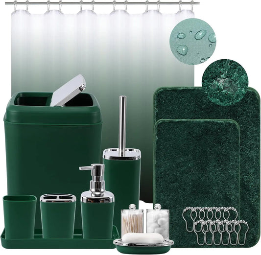 Dark Green Bathroom Accessories Set with Shower Curtain and No-Slip Bath Rugs