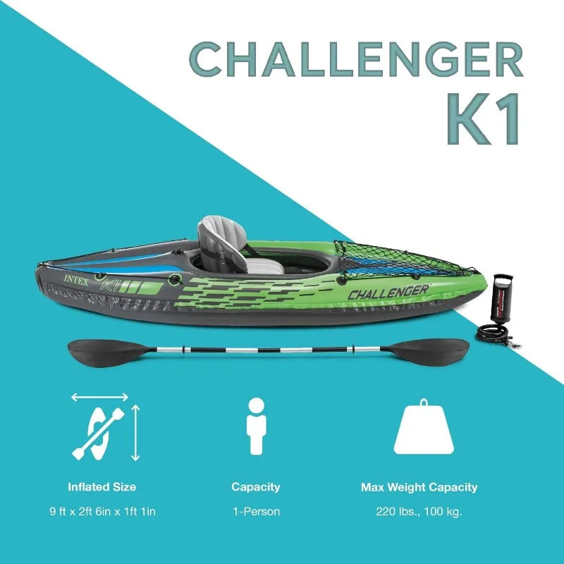 Intex Challenger Inflatable Kayak Series with Deluxe 86 Inch Kayak Paddles and High Output Pump Super Strong PVC