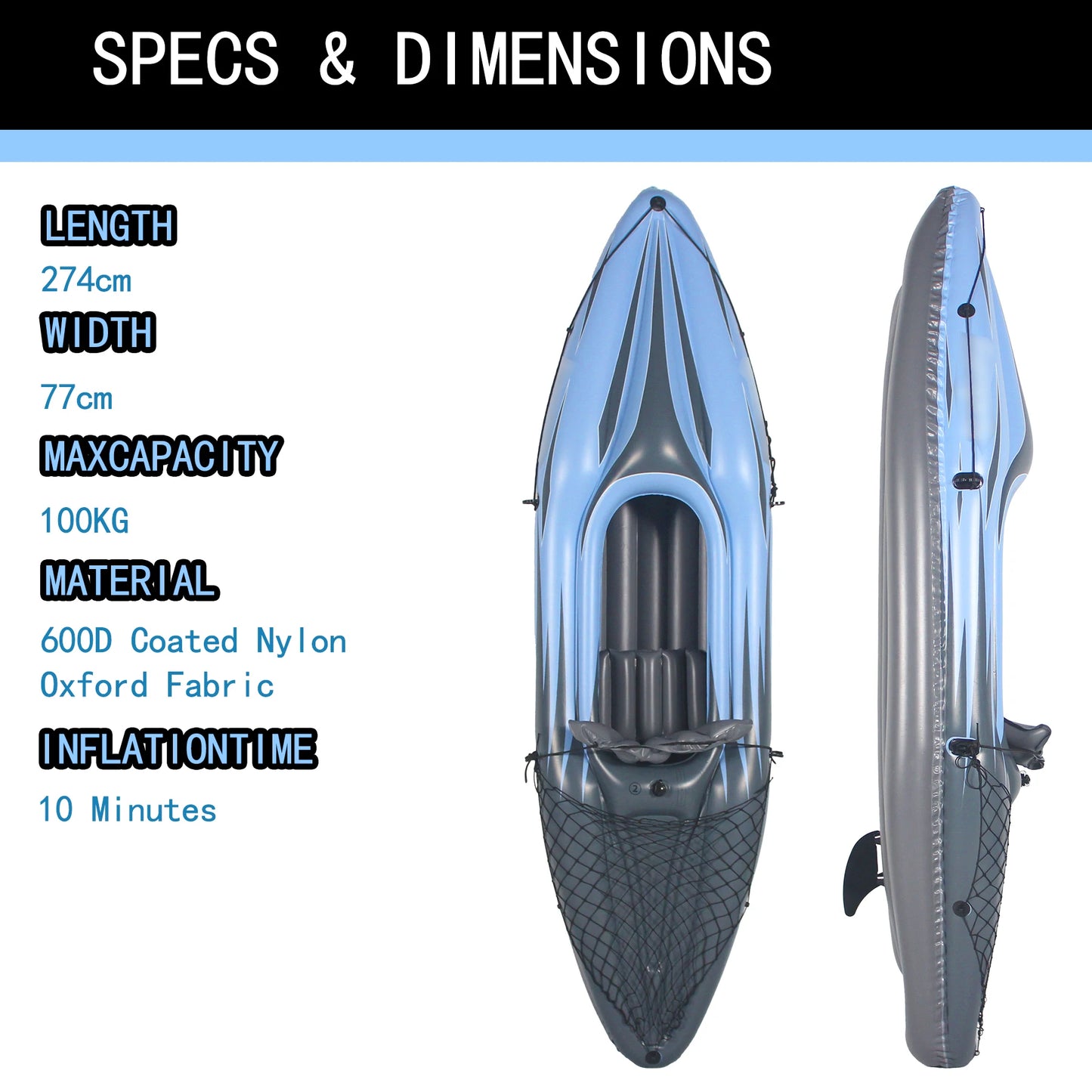 Inflatable One Person Kayak Canoe Blue Paddles Pump Bag