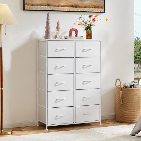 JHK Bedside Table With 10 Fabric Drawers Modern Nightstand Storage Cabinet Steel Frame Bedroom Furniture